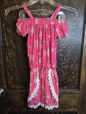 Girls 'Real Love' Bright Pink Floral Off-Shoulder Romper with Crochet Lace Trim